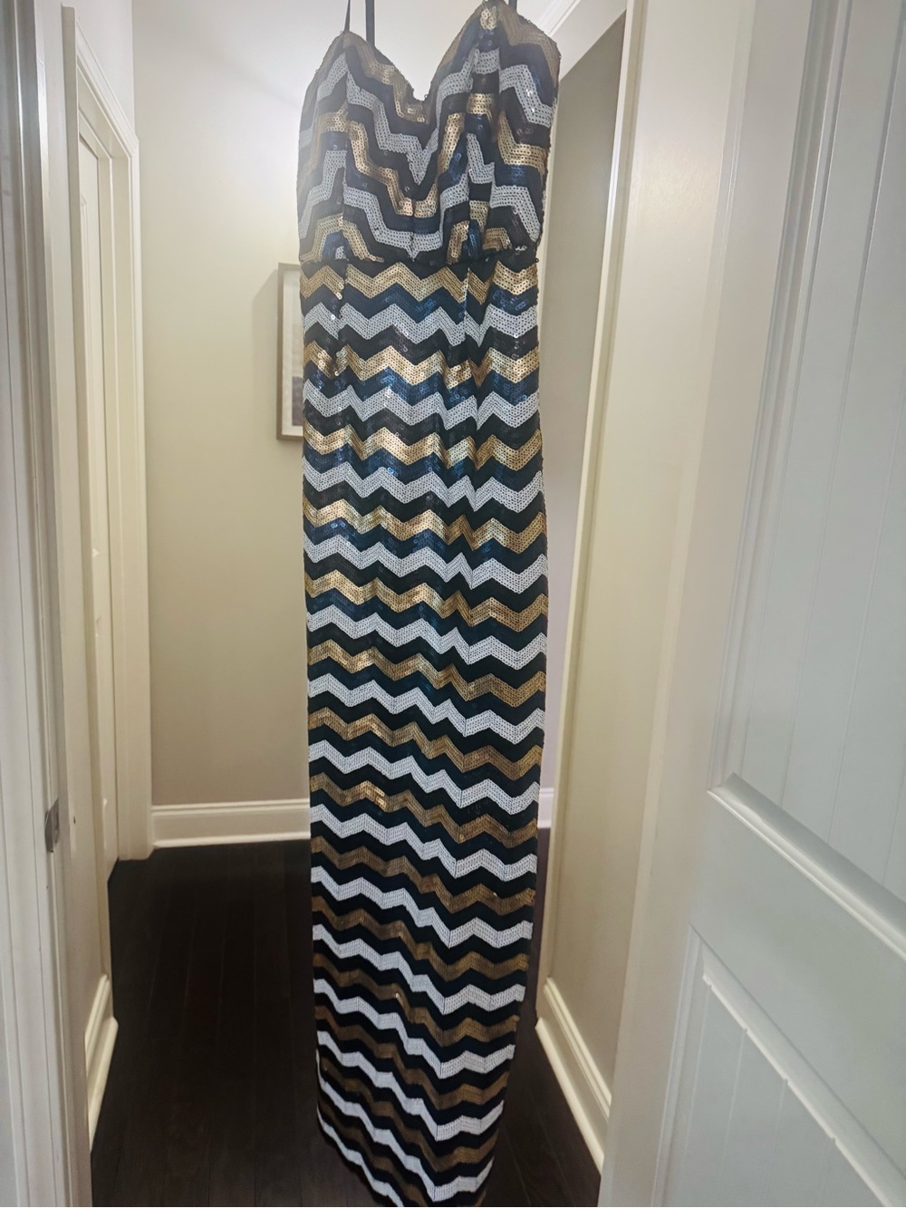 Gianni Bini Black, White & Gold Chevron Sequin Maxi Dress